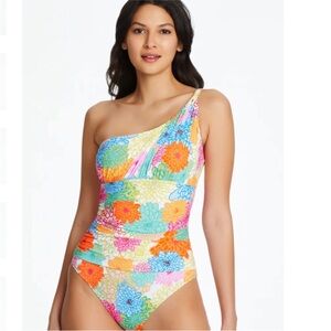 NWT Bleu Rod Beattie One Piece Swimsuit Floral Colorful Printed Ruched Shirred
